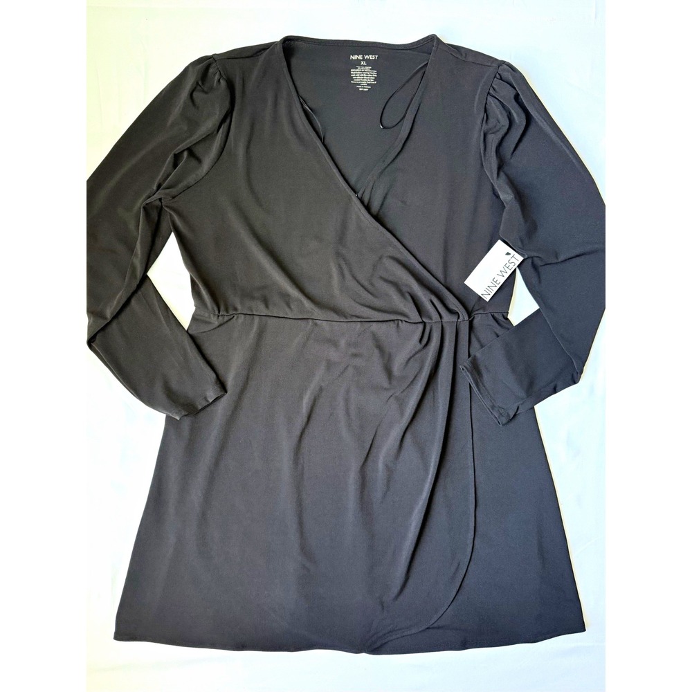 Nine West Women's XL Black Wrap Dress Long Sleeve Puff Shoulder NWT
